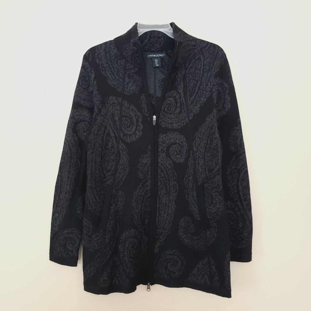 Cynthia Rowley Zip Front Gray Paisley Mock Neck Sweater Cardigan - Medium - Picture 1 of 11